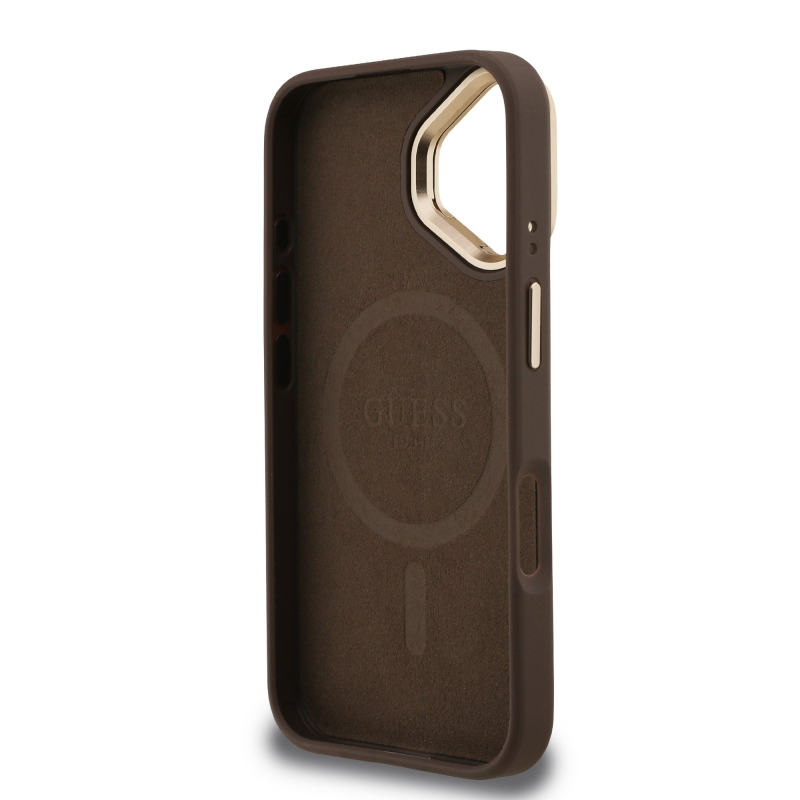 Guess PU 4G Strass Triangle Logo Stand Camera Frame MagSafe Zadný Kryt pre iPhone 16 Brown