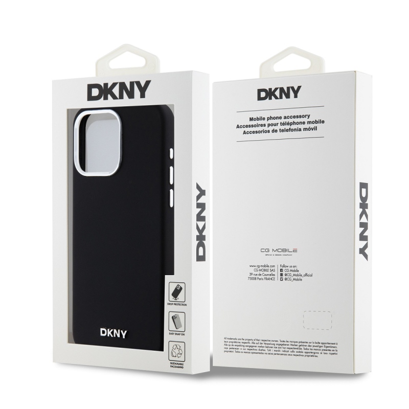 DKNY Liquid Silicone Silver Metal Logo Magsafe Zadný Kryt pre iPhone 15 Pro Max Black