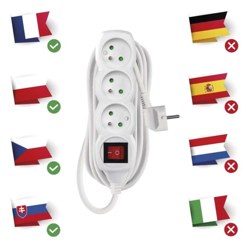 Predlžovací kábel 5 m / 3 zásuvky / s vypínačom / biely / PVC / 1 mm2
