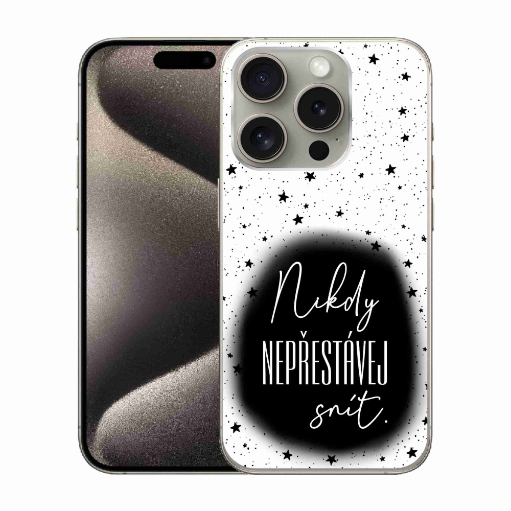 Gélový kryt mmCase na iPhone 15 Pro - citát 1 čiernobiele pozadie