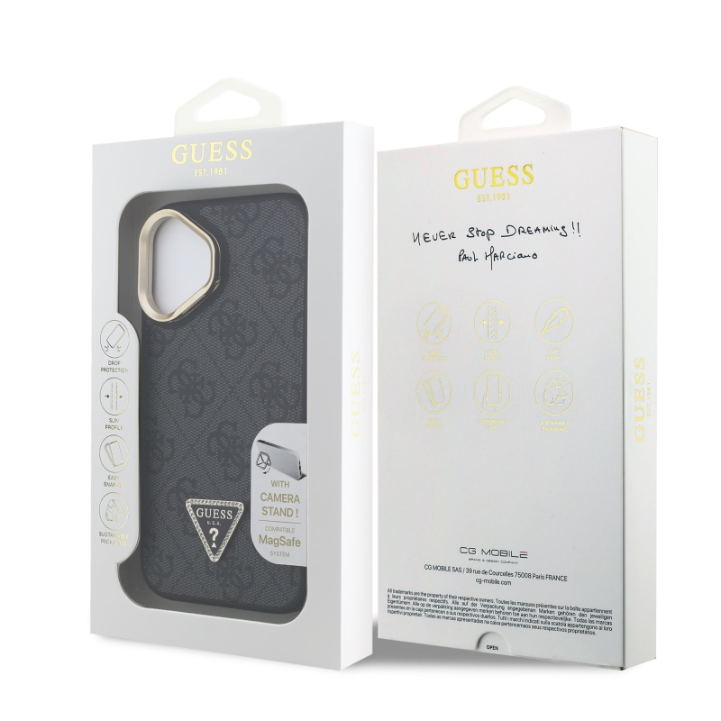 Guess PU 4G Strass Triangle Logo Stand Camera Frame MagSafe Zadný Kryt pre iPhone 16 Black
