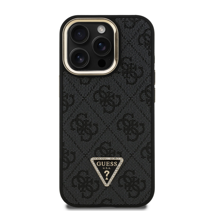 Guess PU 4G Strass Triangle Logo Stand Camera Frame MagSafe Zadný Kryt pre iPhone 15 Pro Black