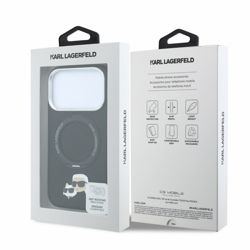 Karl Lagerfeld PU Grained K&CH Heads Ring Stand Magsafe zadný kryt pre iPhone 18 Pro Max, čierny