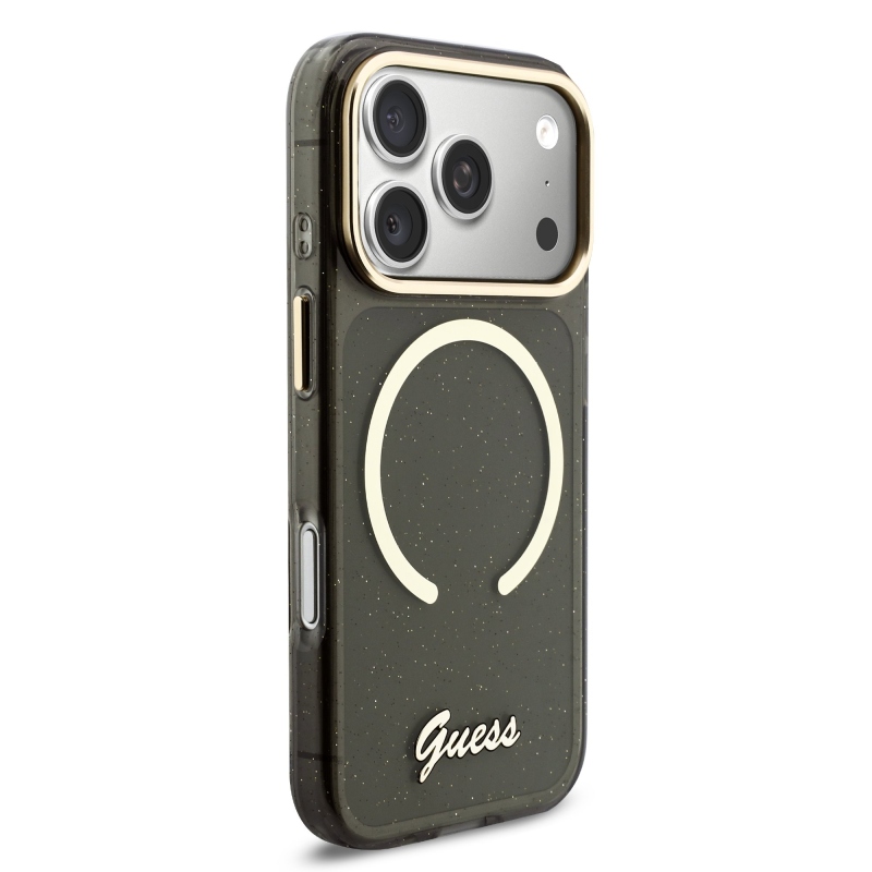 Guess IML Glitter Script Strap MagSafe zadný kryt pre iPhone 17 Pro Black