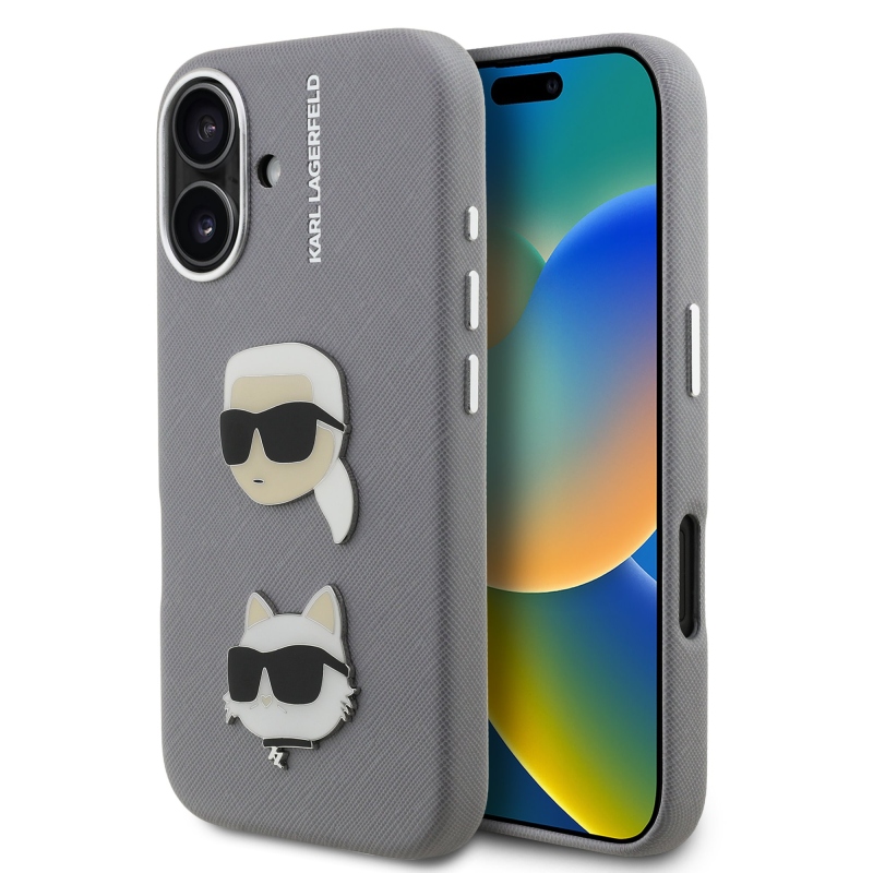 Karl Lagerfeld Grained PU K&CH Heads Zadný Kryt pre iPhone 16 Grey