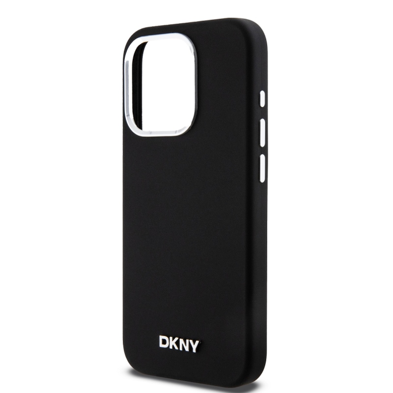 DKNY Liquid Silicone Silver Metal Logo Magsafe Zadný Kryt pre iPhone 15 Pro Black