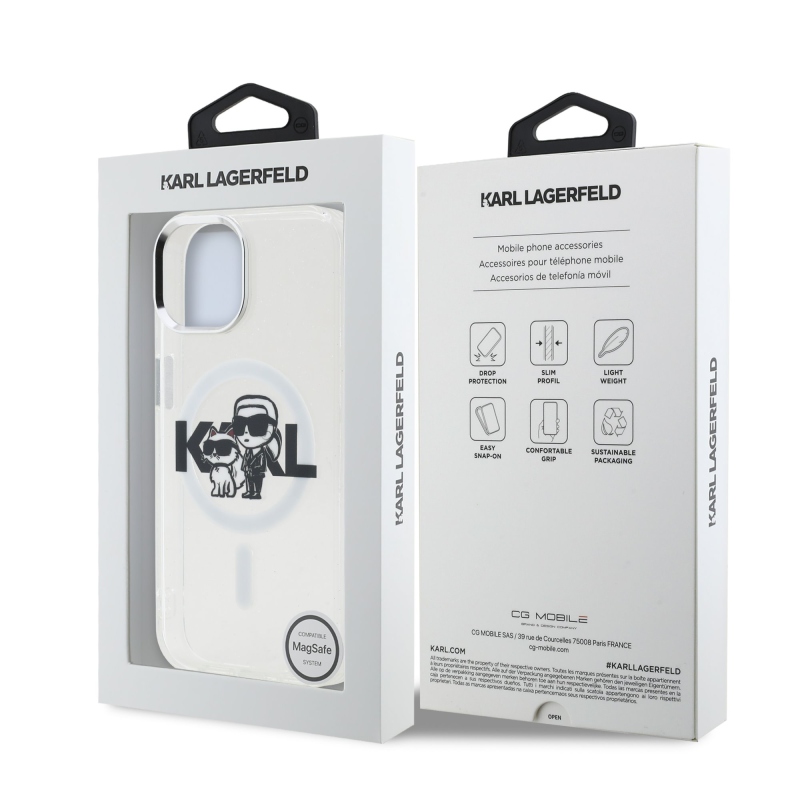 Karl Lagerfeld IML Glitter Karl and Choupette Sketch MagSafe Zadný Kryt pre iPhone 15 Transparent
