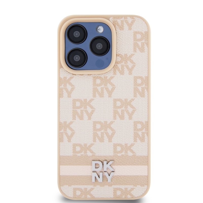 DKNY PU Leather Checkered Pattern and Stripe Zadný Kryt pre iPhone 13 Pro Pink