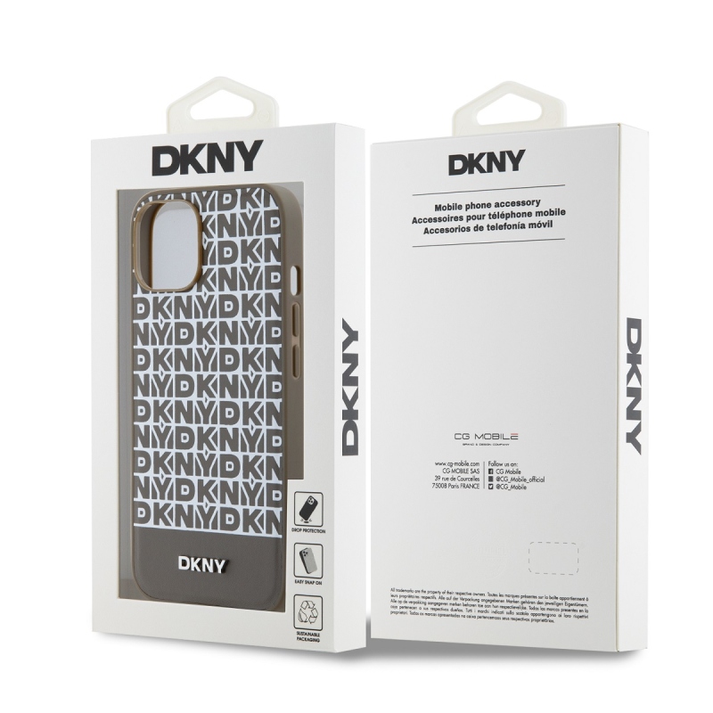 DKNY PU Leather Repeat Pattern Bottom Stripe MagSafe Zadný Kryt pre iPhone 13 Brown