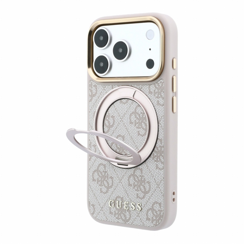 Guess PU 4G Ring Stand MagSafe zadný kryt pre iPhone 18 Pro, ružový
