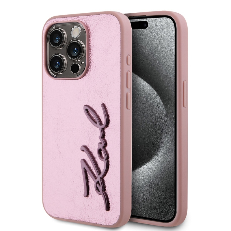 Karl Lagerfeld Wrinkled PU Signature Logo Zadný Kryt pre iPhone 15 Pro Max Pink