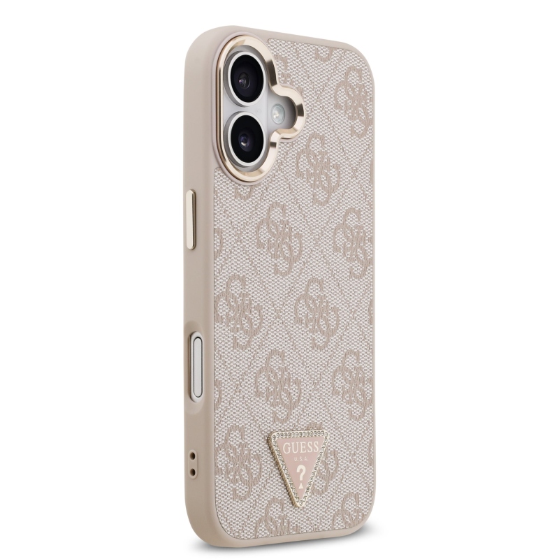 Guess PU kožený 4G štrasové trojuholníkové logo Gold Frame MagSafe zadný kryt pre iPhone 17 Pink