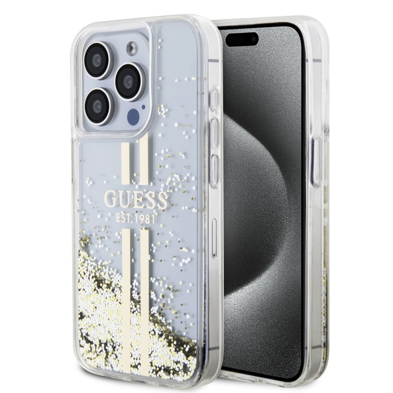 Guess PC/TPU Liquid Glitter Gold Stripe Zadný Kryt pre iPhone 15 Pro Max Transparent