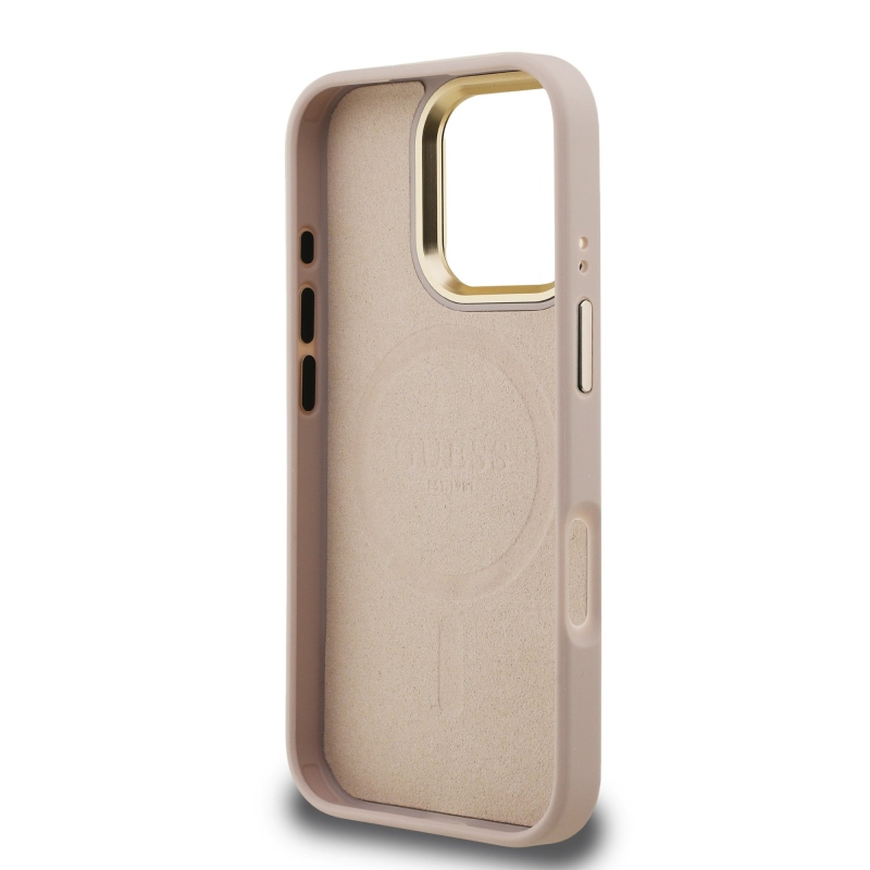 Guess PU 4G Strass Triangle Logo Stand Camera Frame MagSafe Zadný Kryt pre iPhone 16 Pro Pink