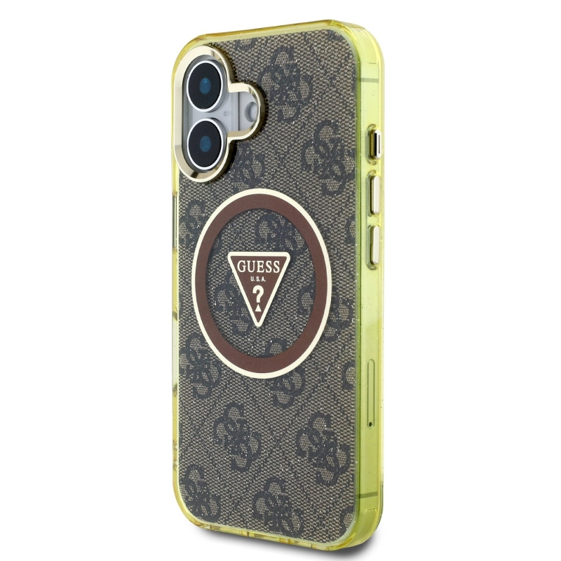 Guess IML 4G Glitter and Triangle Logo MagSafe zadný kryt pre iPhone 16 Brown