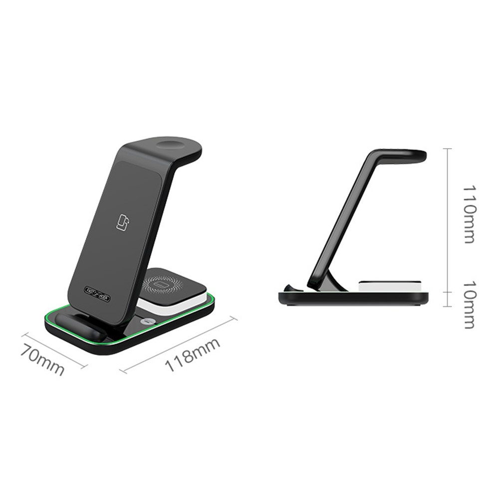 YF-A6 bezdrôtová nabíjacia stanica 3v1 15W s nočným svetlom - čierna