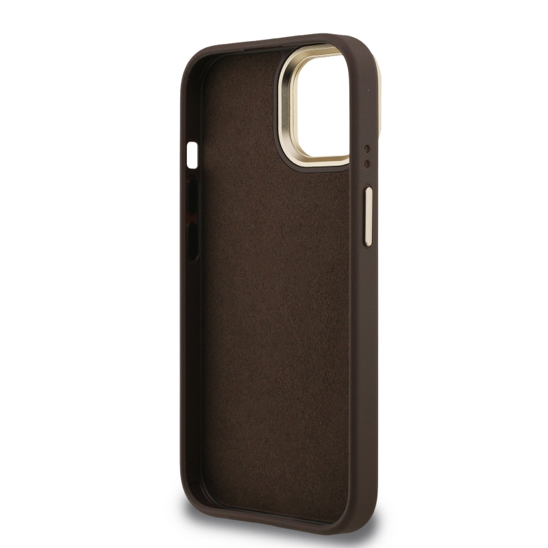 Guess PU 4G Metal Logo Stand Camera Frame Zadný Kryt pre iPhone 15 Brown