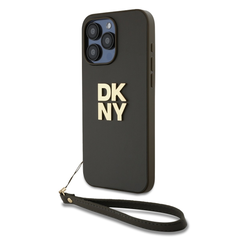 DKNY PU Leather Stack Logo Wrist Strap Zadný Kryt pre iPhone 15 Pro Max Brown