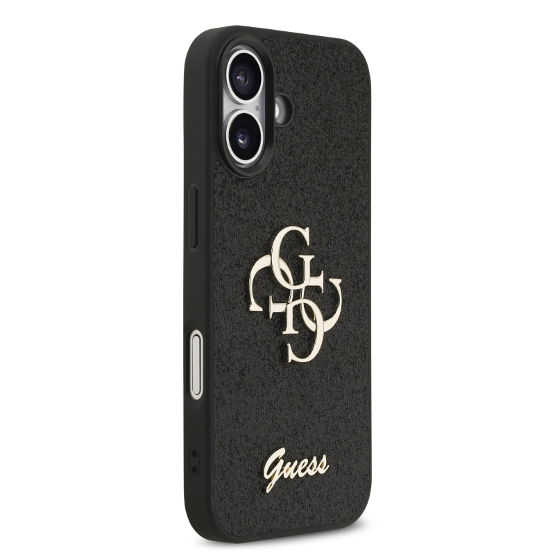 Guess PU pevný zadný kryt s kovovým logom 4G s trblietkami pre iPhone 17 Black
