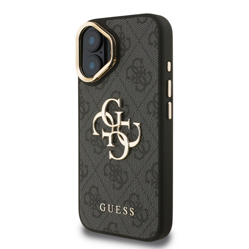 Guess PU 4G Metal Logo Stand Camera Frame Zadný Kryt pre iPhone 16 Black