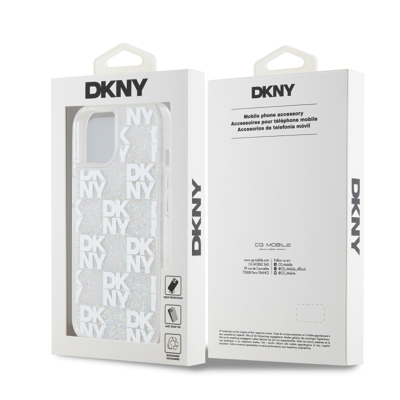 DKNY Liquid Glitter Checkered Pattern Zadný Kryt pre iPhone 15 Transparent