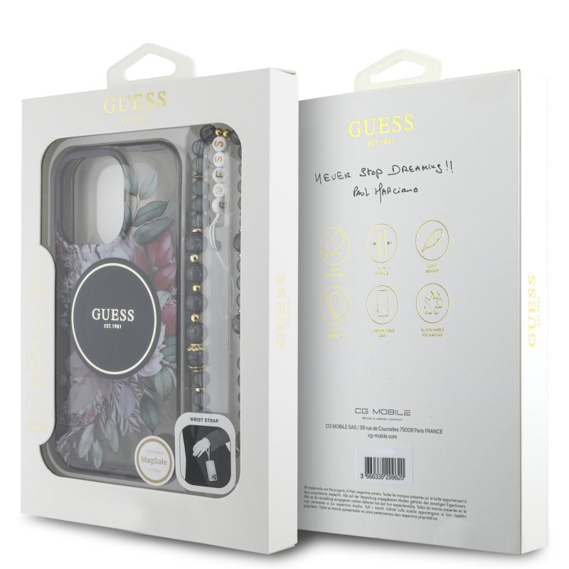Guess IML Flowers Pearl Strap MagSafe Zadný Kryt pre iPhone 16 Pro Max Black