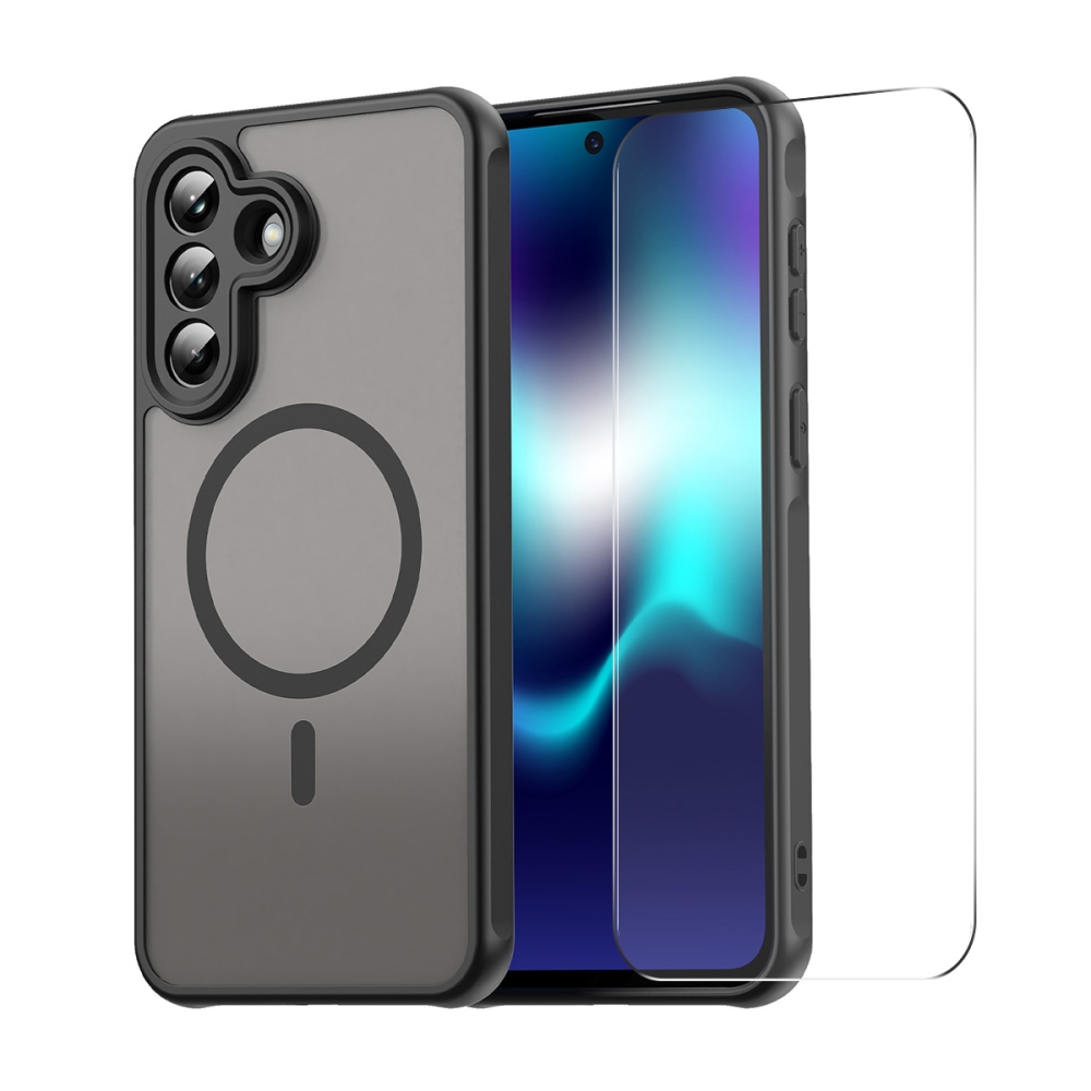 ENKAY matný gélový obal s MagSafe + 9H ochranné sklo na Samsung Galaxy A57 5G - čierny