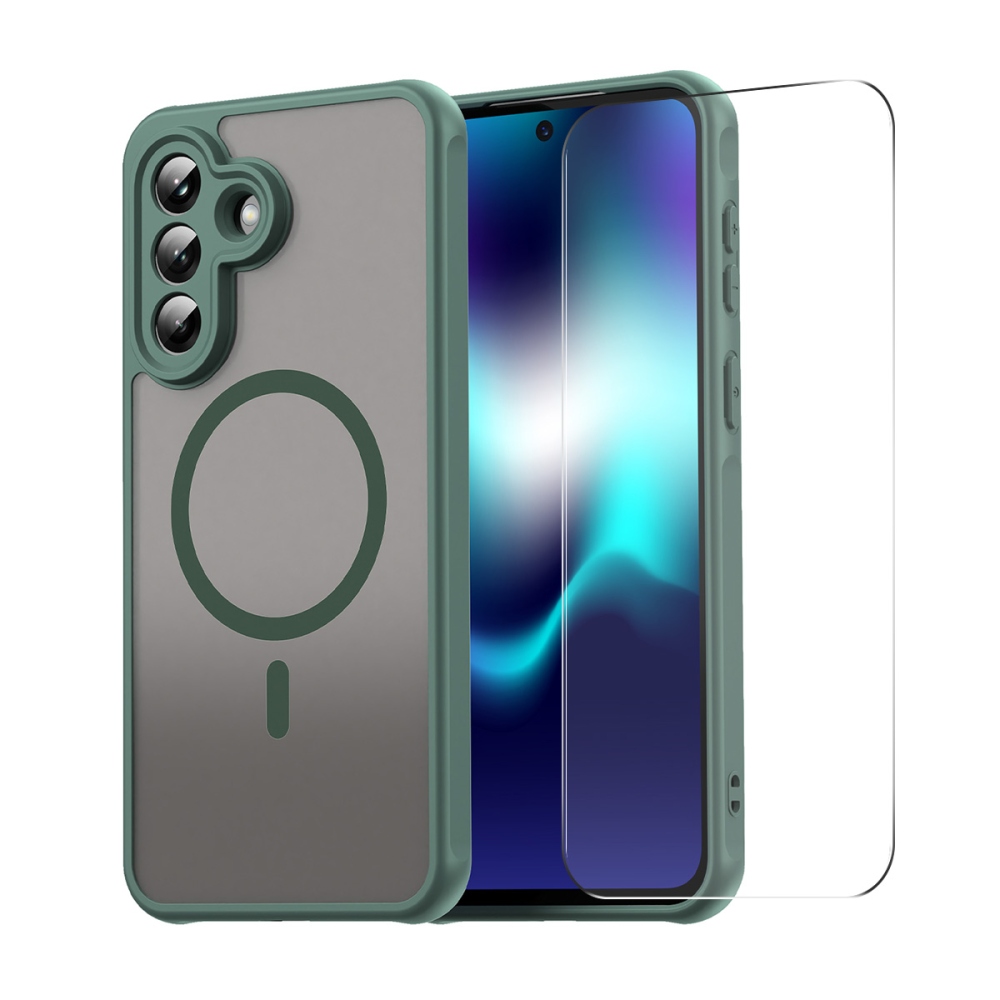 ENKAY matný gélový obal s MagSafe + 9H ochranné sklo na Samsung Galaxy A57 5G - zelený