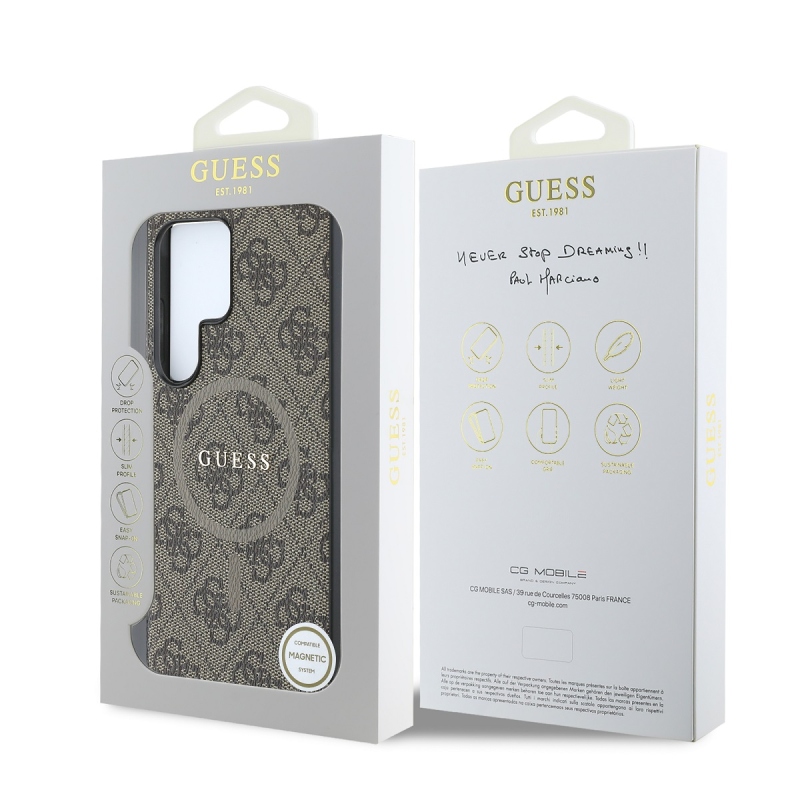 Guess PU Leather 4G Colored Ring MagSafe Zadný Kryt pre Samsung Galaxy S25 Ultra Brown