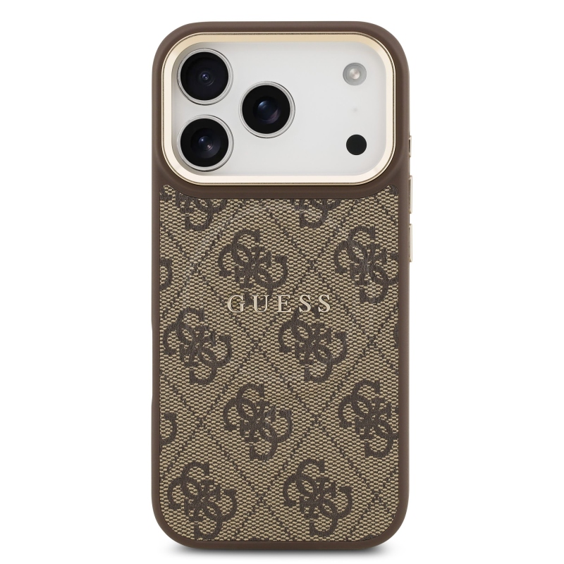 Guess PU kožený zadný kryt 4G Gold Frame MagSafe pre iPhone 17 Pro Brown