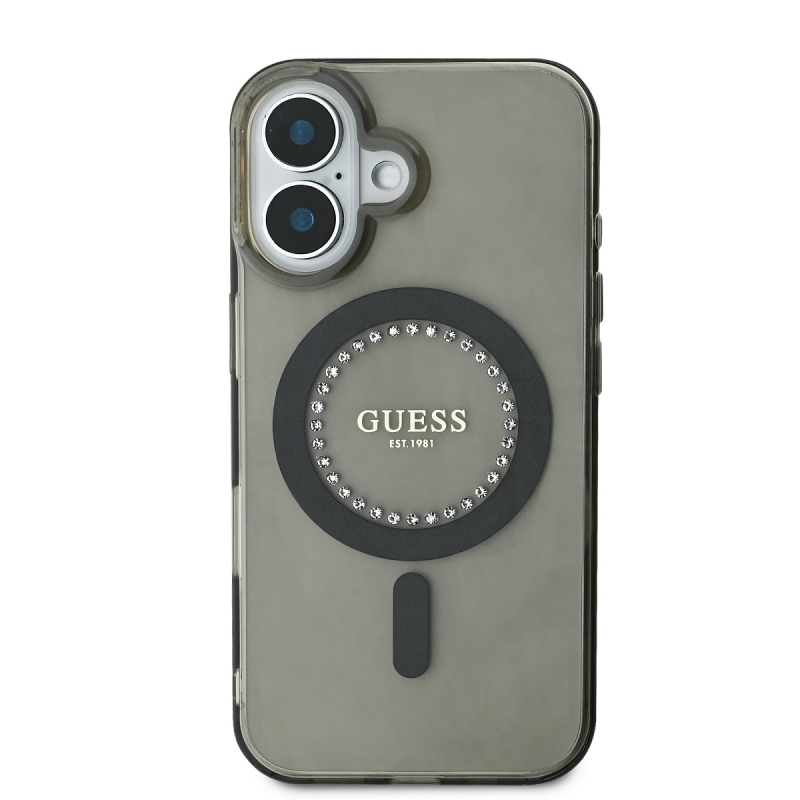 Guess IML Rhinestones Ring MagSafe Zadný Kryt pre iPhone 16 Black