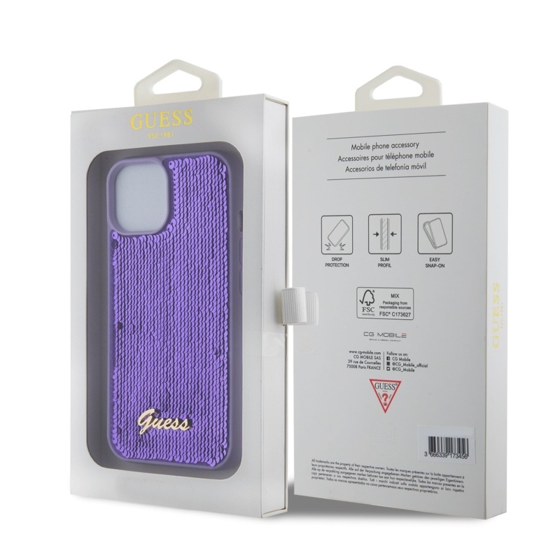 Guess Sequin Script Logo Zadný Kryt pre iPhone 15 Plus Purple