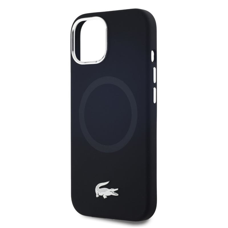 Lacoste Liquid Silicone Microfiber Silver Croc Logo MagSafe Zadný Kryt pre iPhone 15 Black