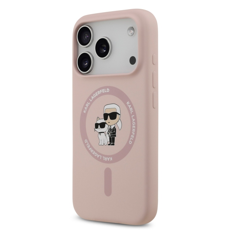 Karl Lagerfeld – zadný kryt z tekutého silikónu s motívom Karla a Choupette s MagSafe pre iPhone 18 Pro, ružový