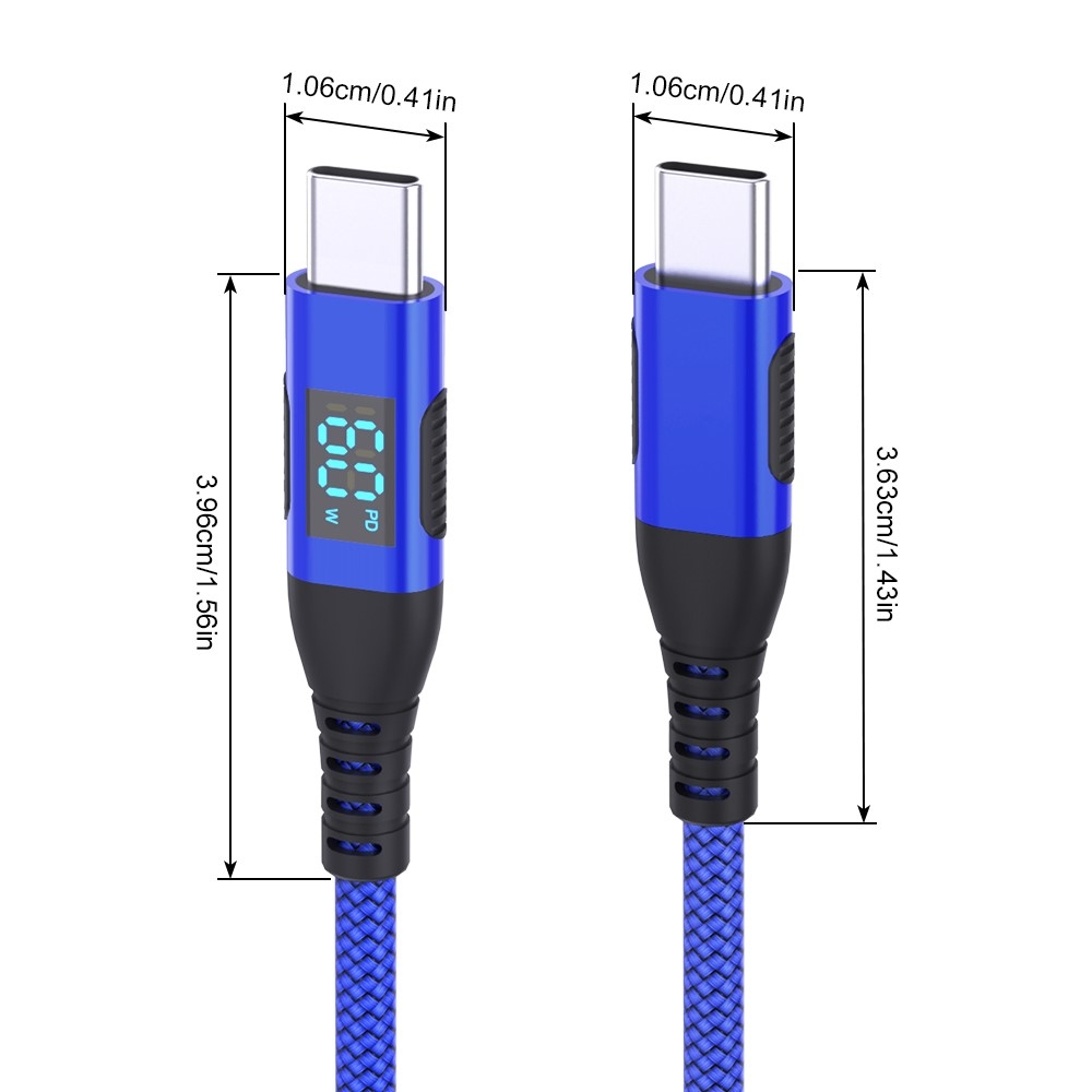 Nylonový kábel USB-C/USB-C s displejom 3m 60W - modrý