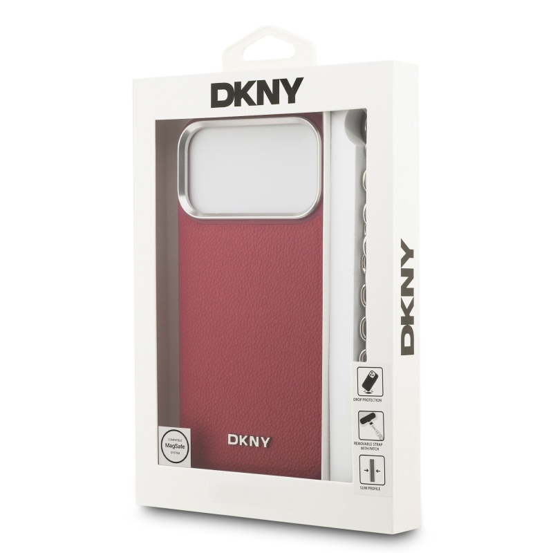 DKNY PU kožený kovový kryt s logom na zápästie MagSafe zadný kryt pre iPhone 17 Pro Max Pink