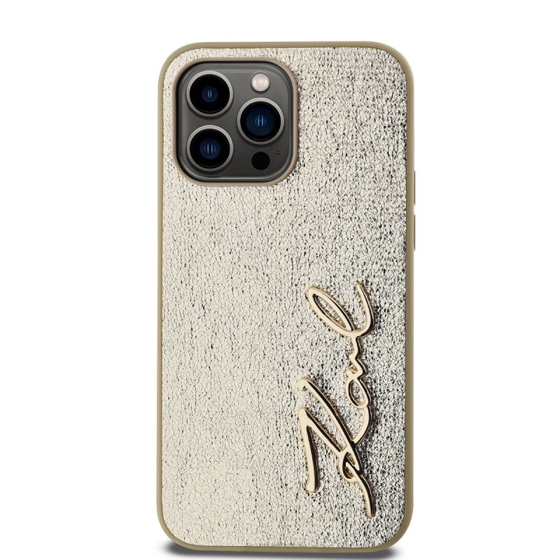 Karl Lagerfeld Wrinkled PU Signature Logo Zadný Kryt pre iPhone 14 Pro Gold