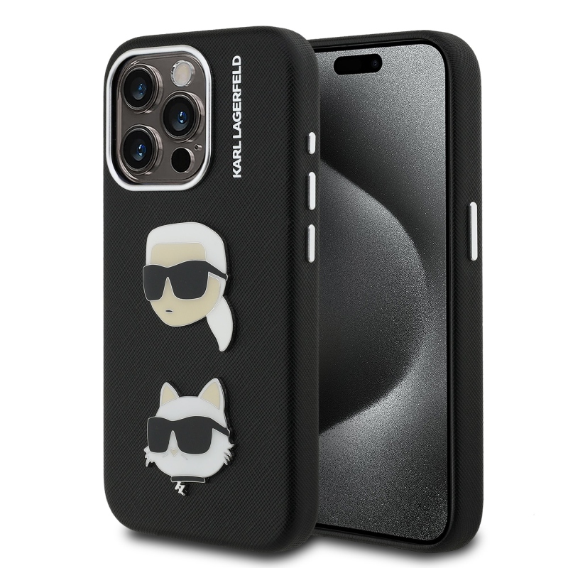 Karl Lagerfeld Grained PU K&CH Heads Zadný Kryt pre iPhone 15 Pro Max Black