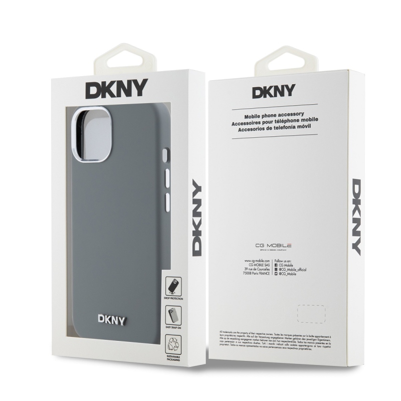 DKNY Liquid Silicone Silver Metal Logo Magsafe Zadný Kryt pre iPhone 15 Grey