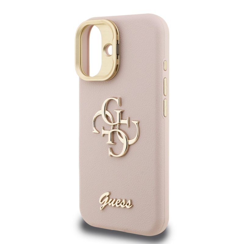 Guess PU Grained 4G Logo Stand Camera Frame Zadný Kryt pre iPhone 16 Pink