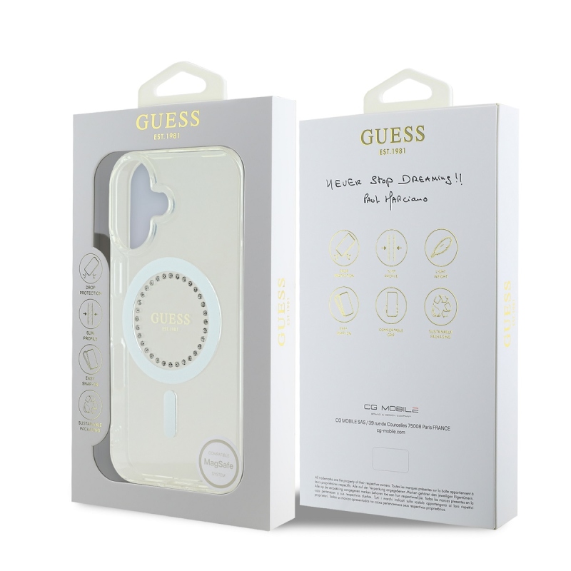 Guess IML Rhinestones Ring MagSafe Zadný Kryt pre iPhone 16 White