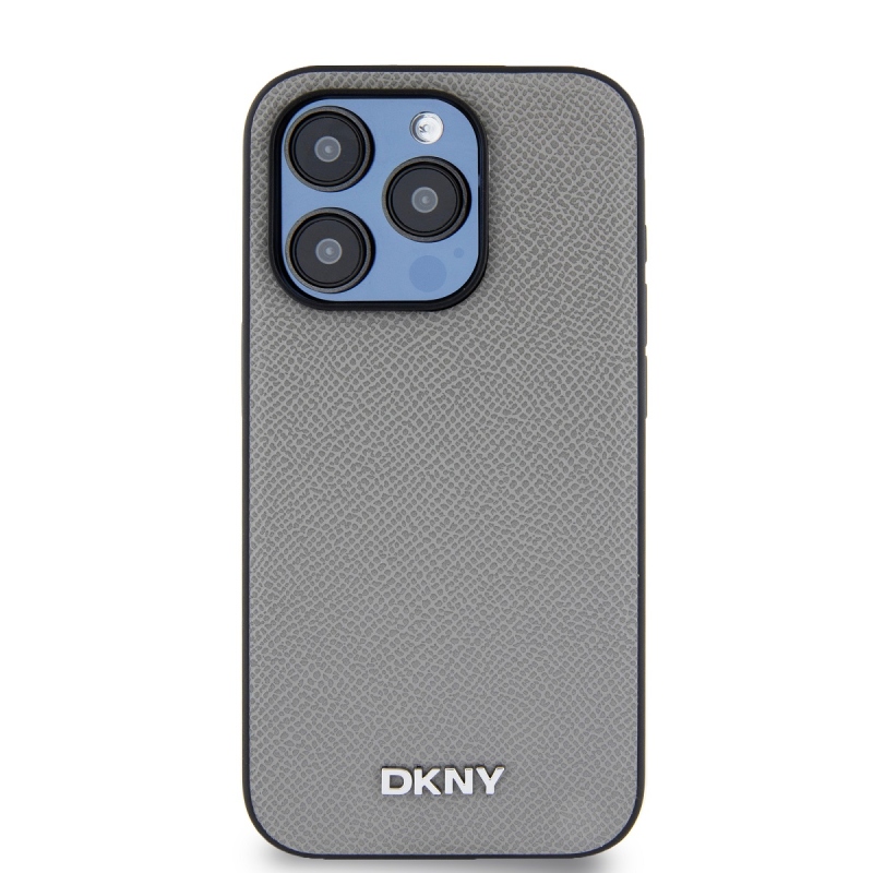 DKNY PU Leather Silver Metal Logo Magsafe Zadný Kryt pre iPhone 15 Pro Max Grey