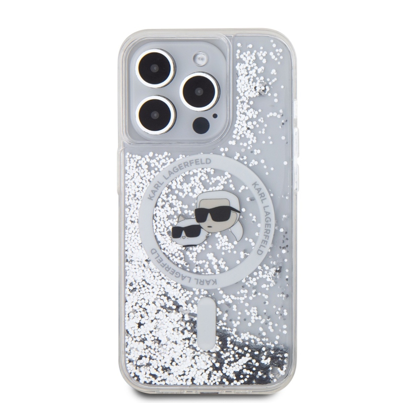 Karl Lagerfeld Liquid Glitter Karl and Choupette Heads MagSafe Zadný Kryt pre iPhone 15 Pro Max Transparent