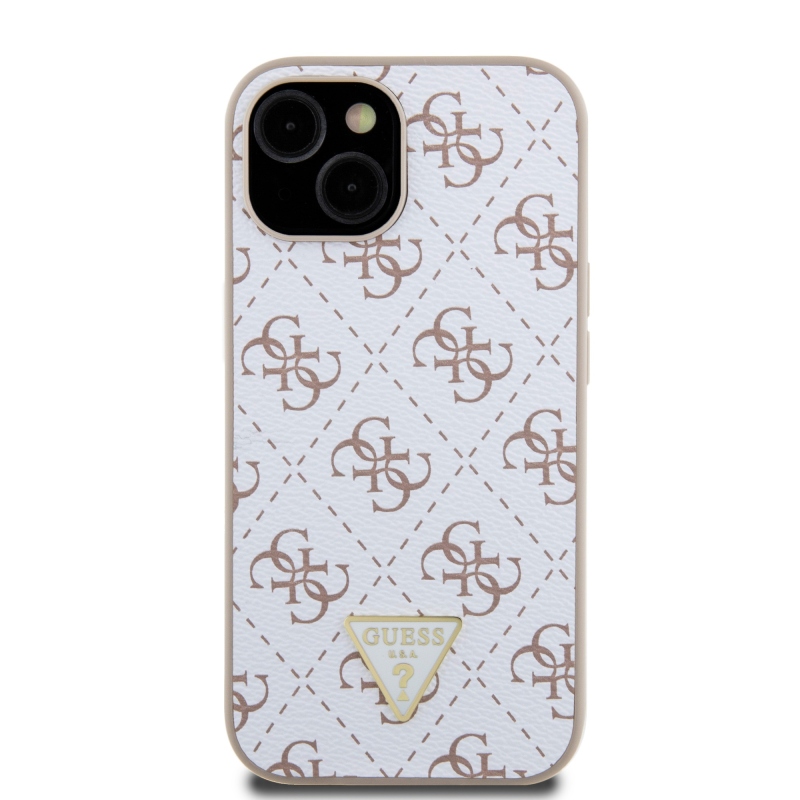 Guess PU Leather 4G Triangle Metal Logo Zadný Kryt pre iPhone 15 White