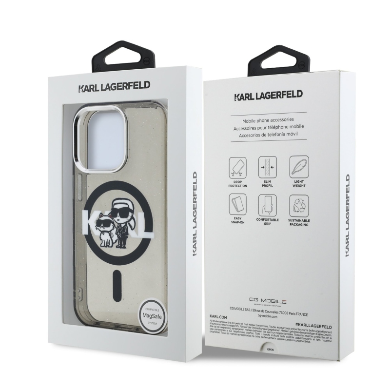 Karl Lagerfeld IML Glitter Karl and Choupette Sketch MagSafe Zadný Kryt pre iPhone 15 Pro Black