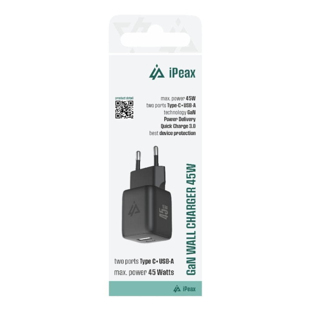 iPEAX GaN Sieťová nabíjačka 45 W, 1x USB-C a 1x USB-A - čierna
