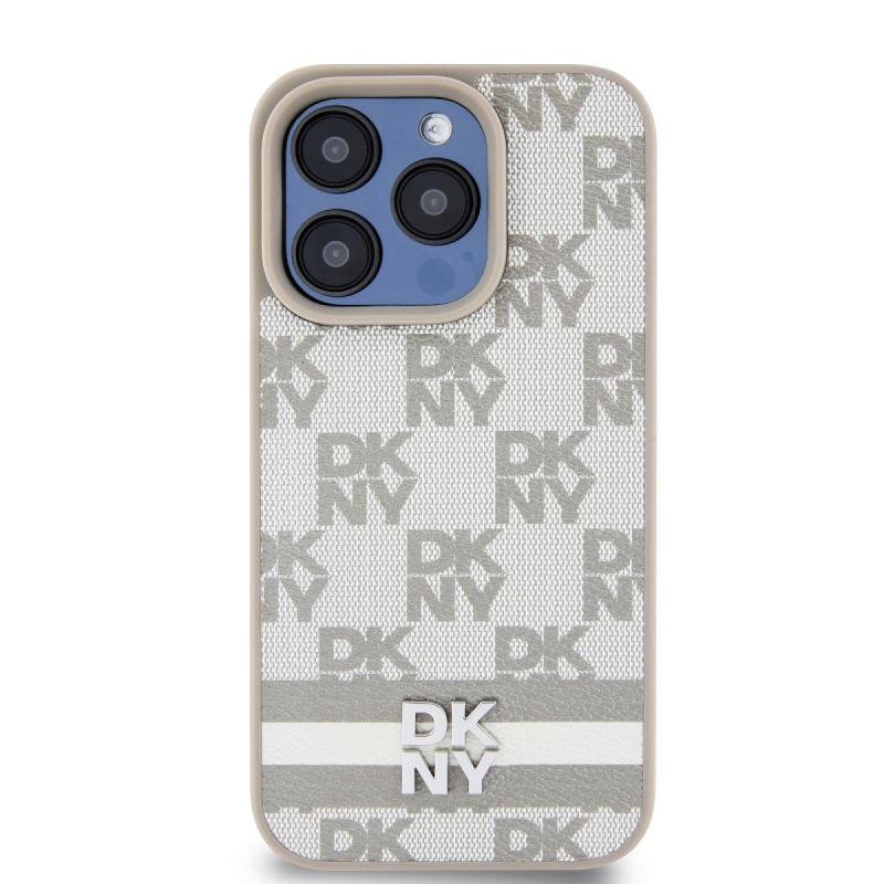 DKNY PU Leather Checkered Pattern and Stripe Zadný Kryt pre iPhone 13 Pro Beige