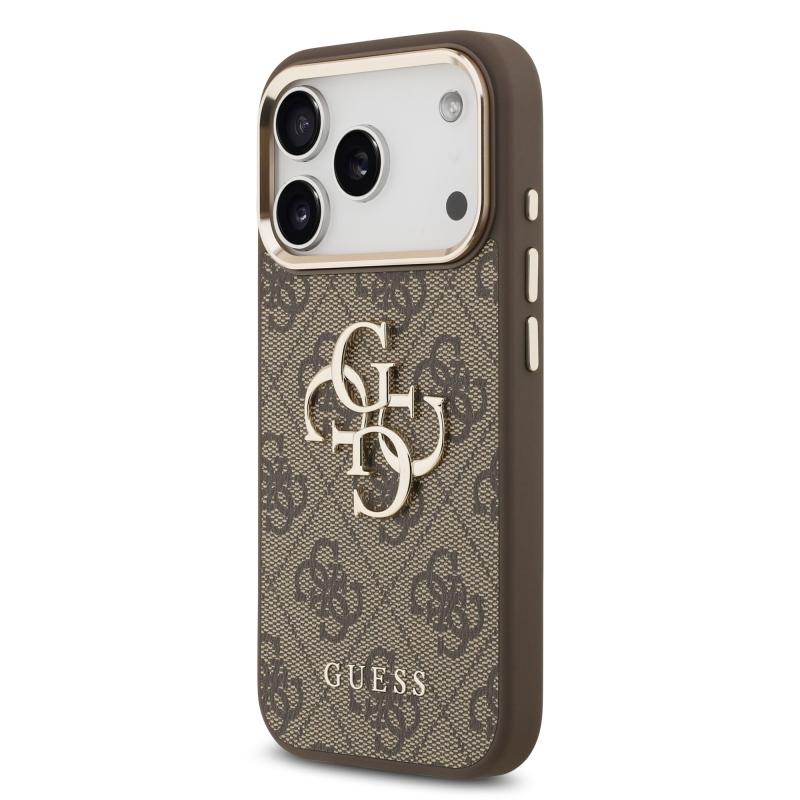Guess PU kožený 4G kovové logo Gold Frame zadný kryt pre iPhone 17 Pro Brown