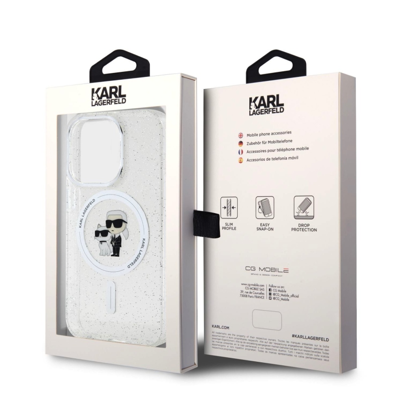 Karl Lagerfeld IML Glitter Karl and Choupette MagSafe Zadný Kryt pre iPhone 15 Pro Transparent