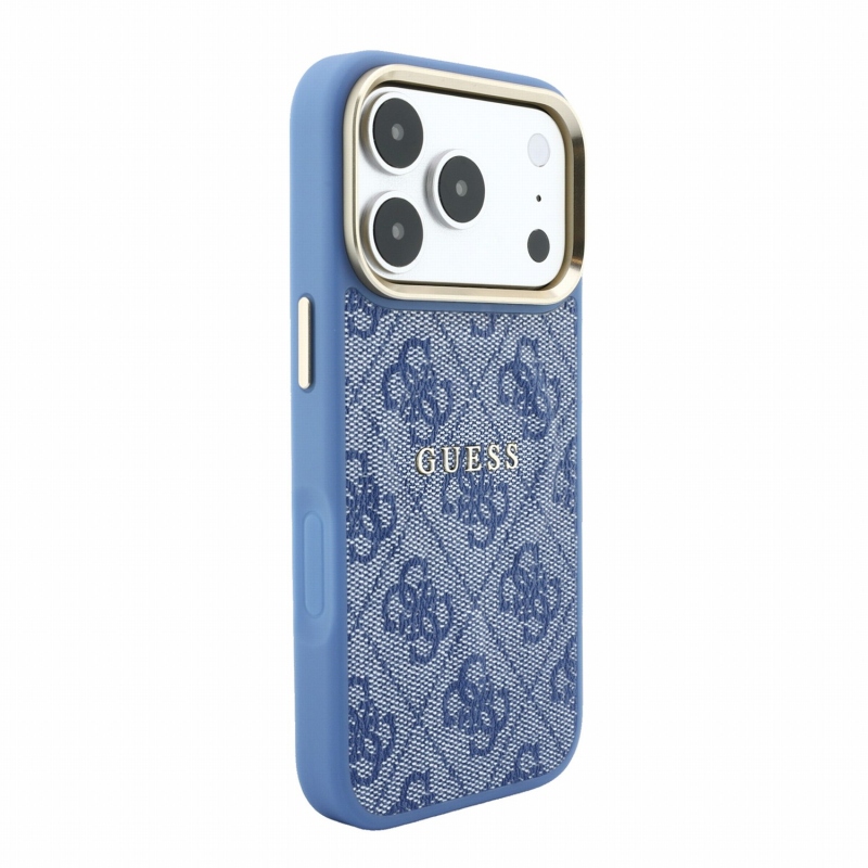 Guess PU koža 4G so zlatým rámom a reliéfom, zadný kryt MagSafe pre iPhone 18 Pro, modrý